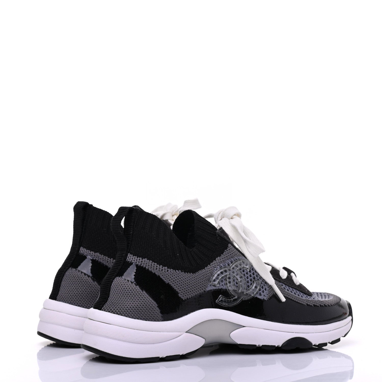 Chanel Fabric Calfskin Suede CC Womens Sneakers 35 Black Grey 4 of 9