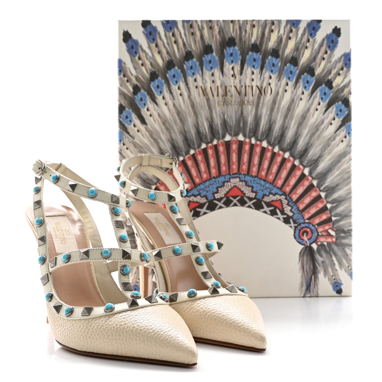 Pebbled Calfskin Turquoise Rockstud Rolling Ankle Strap 100mm Pumps 38.5 Ivory