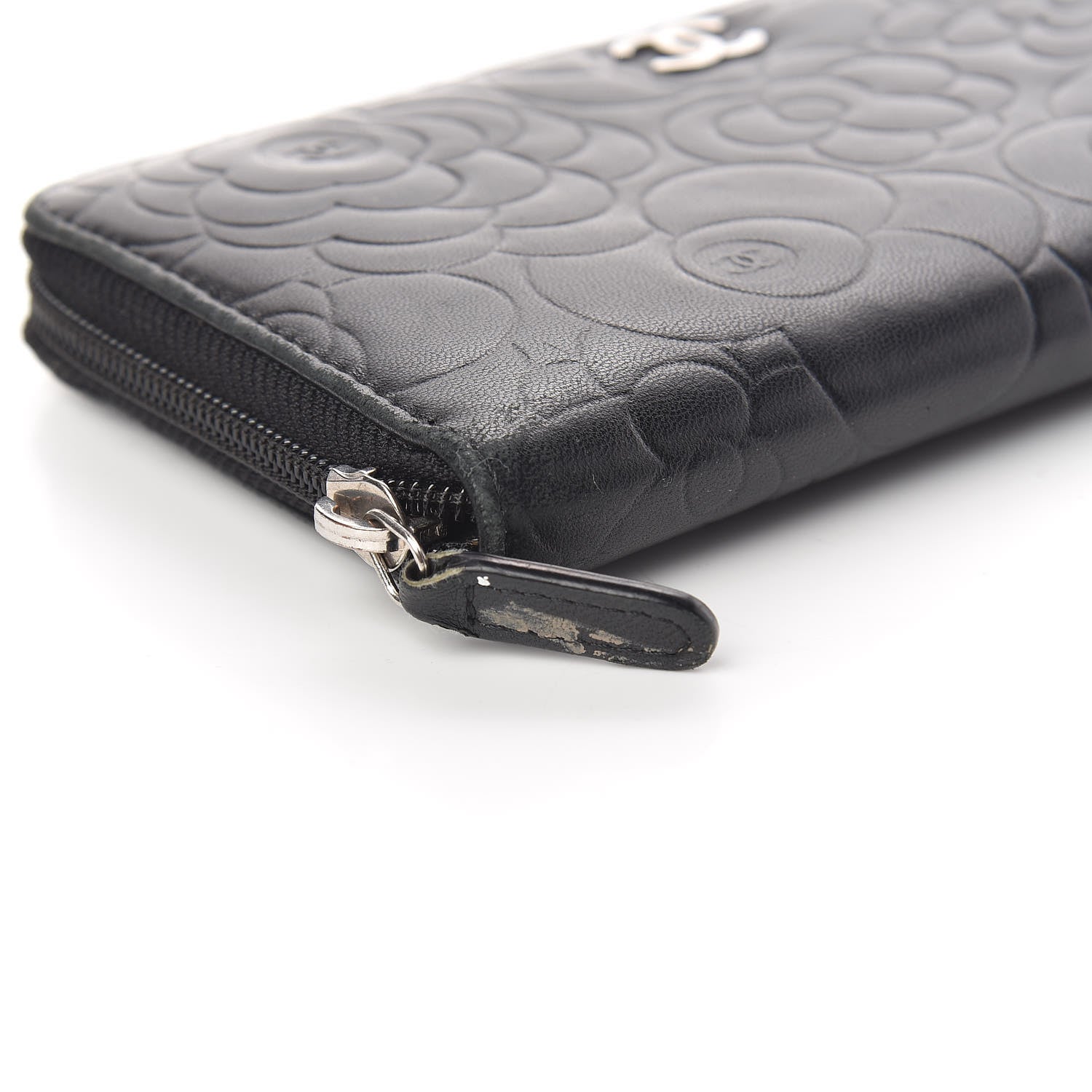 Chanel Lambskin Camellia Embossed Large Zip Around Gusset Wallet Black 5 of 9