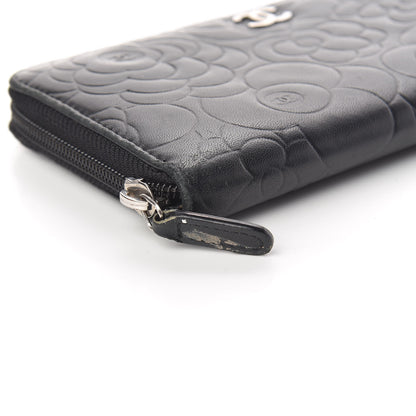 Chanel Lambskin Camellia Embossed Large Zip Around Gusset Wallet Black 5 of 9