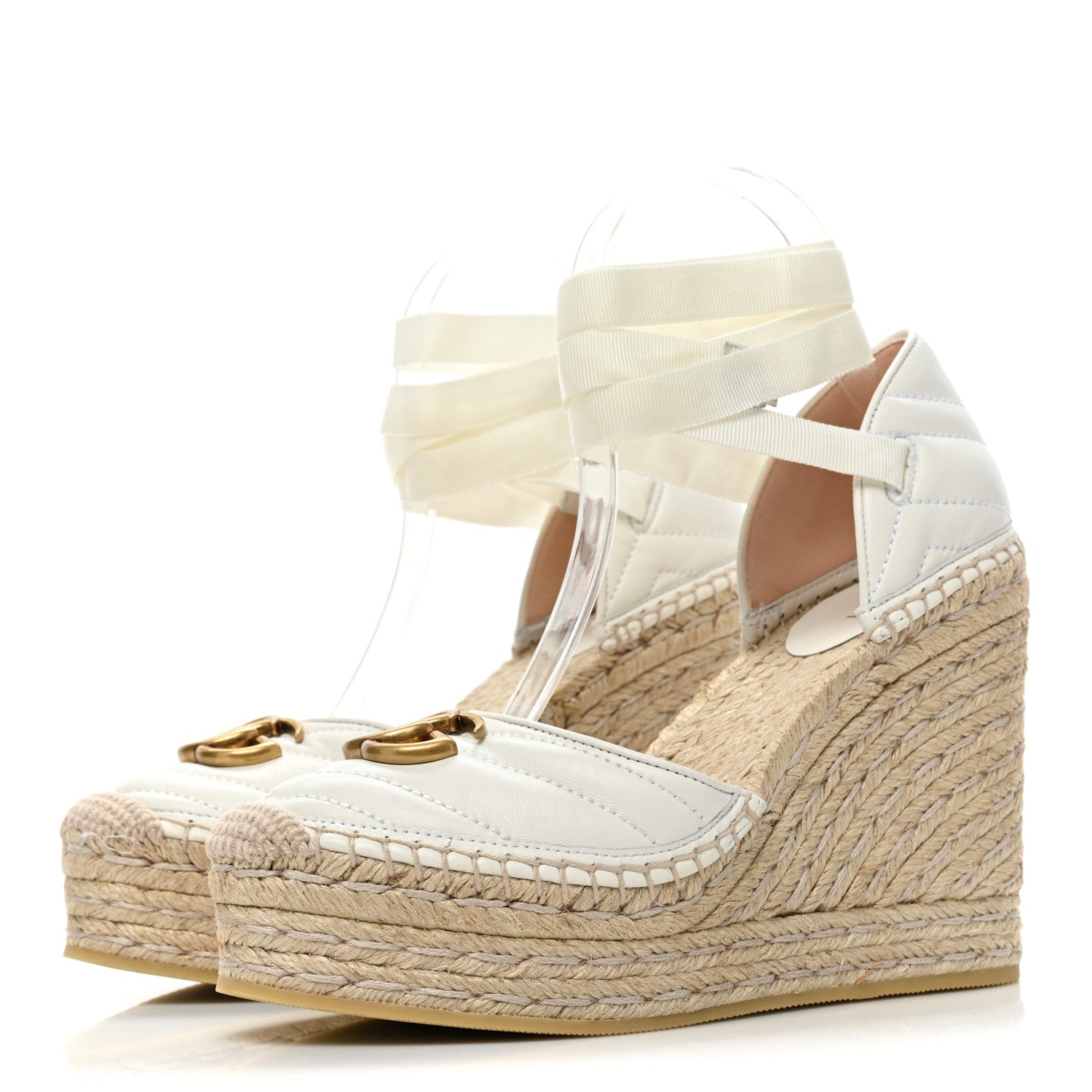 Gucci Nappa Matelasse GG Marmont Ankle Wrap Platform 35/120mm Espadrille Wedges 38.5 Great White 3 of 10