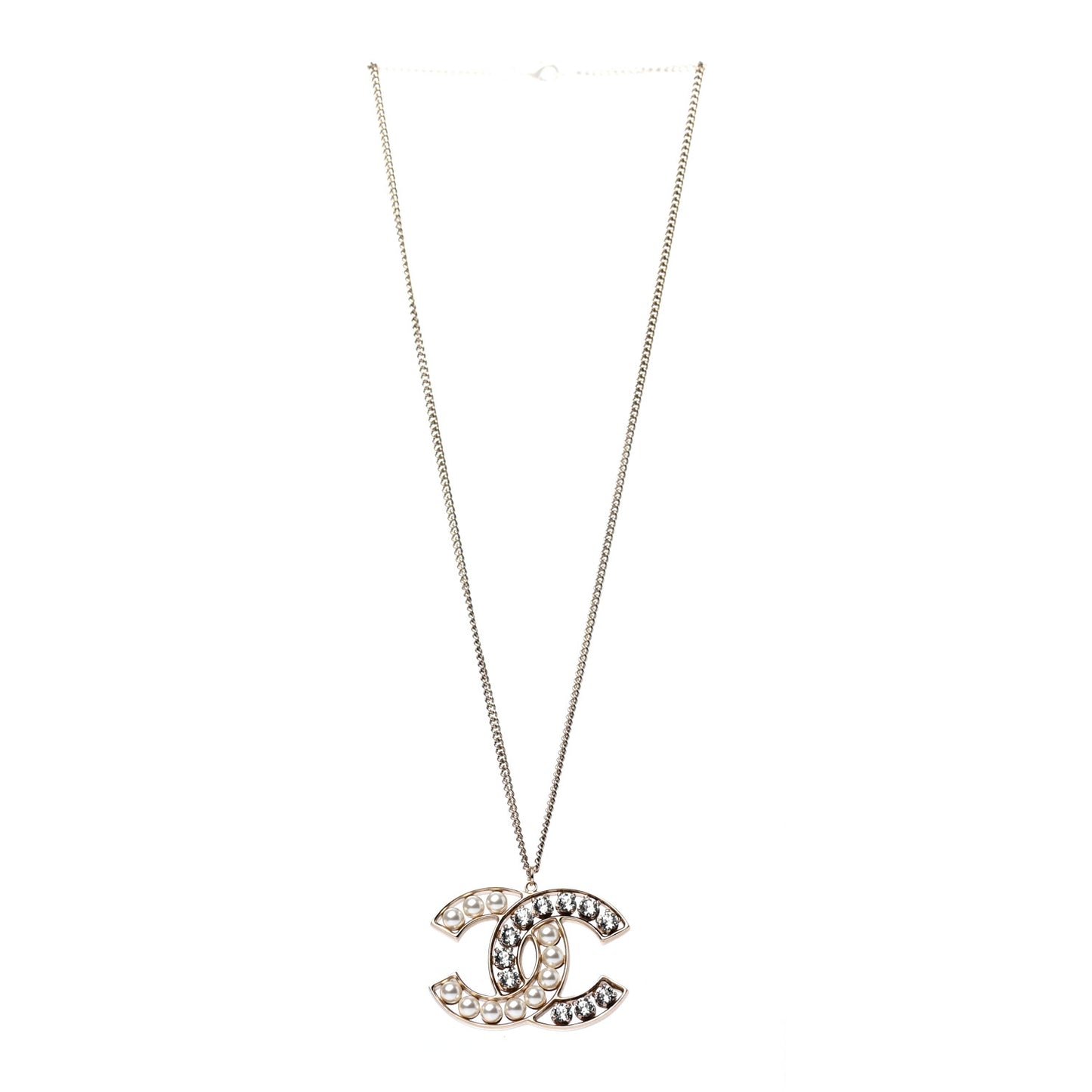 Pearl Crystal CC Pendant Necklace Gold