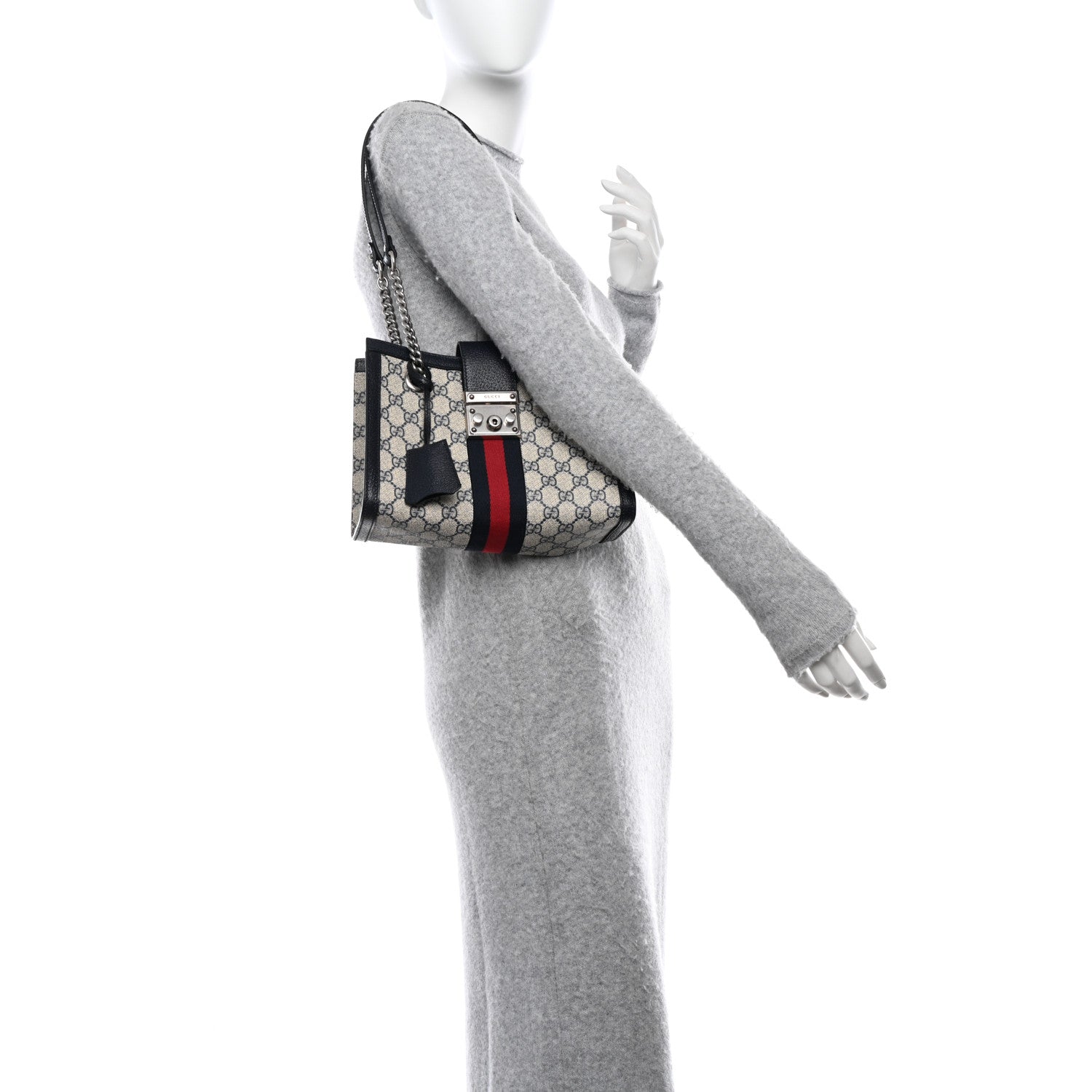 Gucci GG Supreme Monogram Textured Dollar Calfskin Web Small Padlock Tote Bag Beige Blue 2 of 10