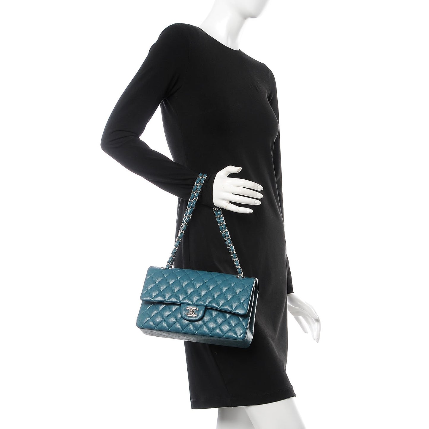 Caviar Quilted Medium Double Flap Dark Turquoise