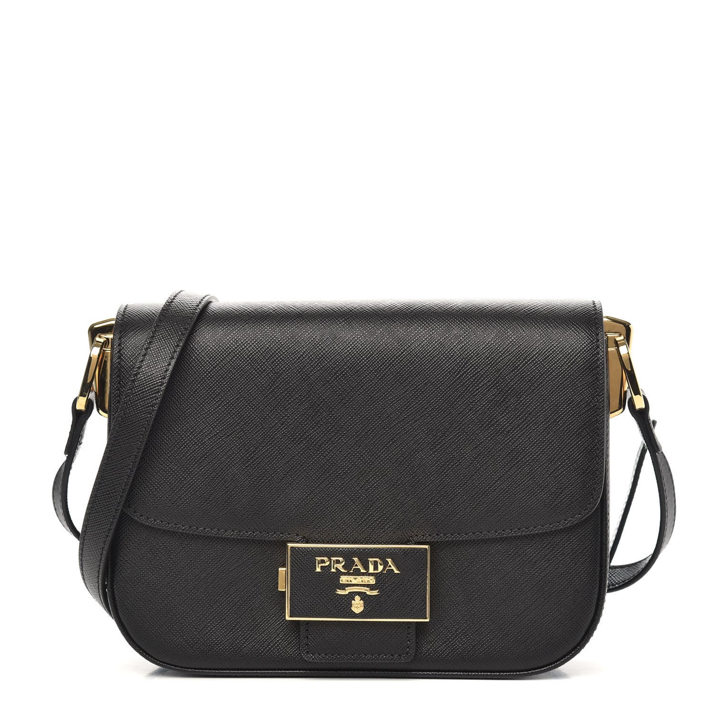Saffiano Lux Embleme Flap Shoulder Bag Black