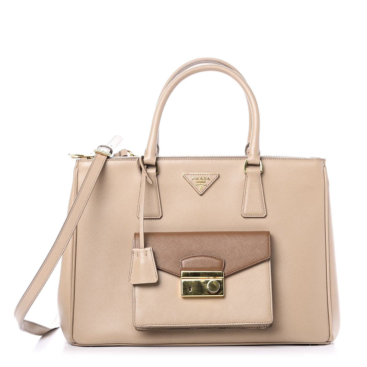 Prada Saffiano Lux Galleria Front Pocket Tote Cammeo Caramel