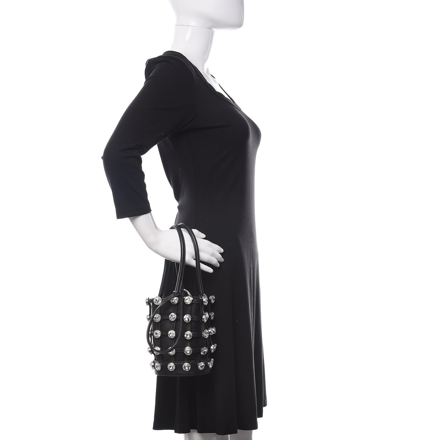 Calfskin Crystal Embellished Roxy Mini Bucket Bag Black