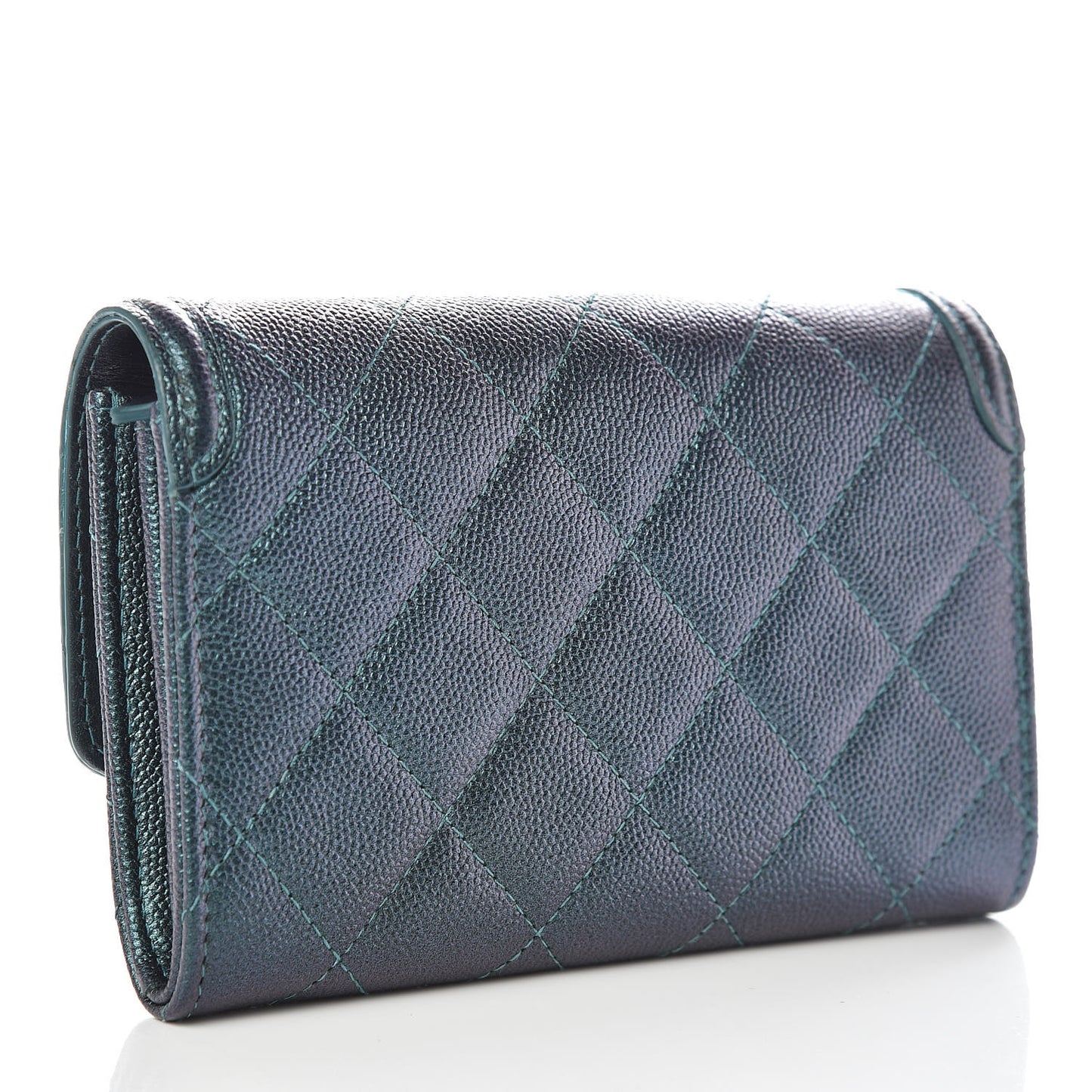 Iridescent Caviar Quilted Medium Filigree Flap Wallet Dark Turquoise