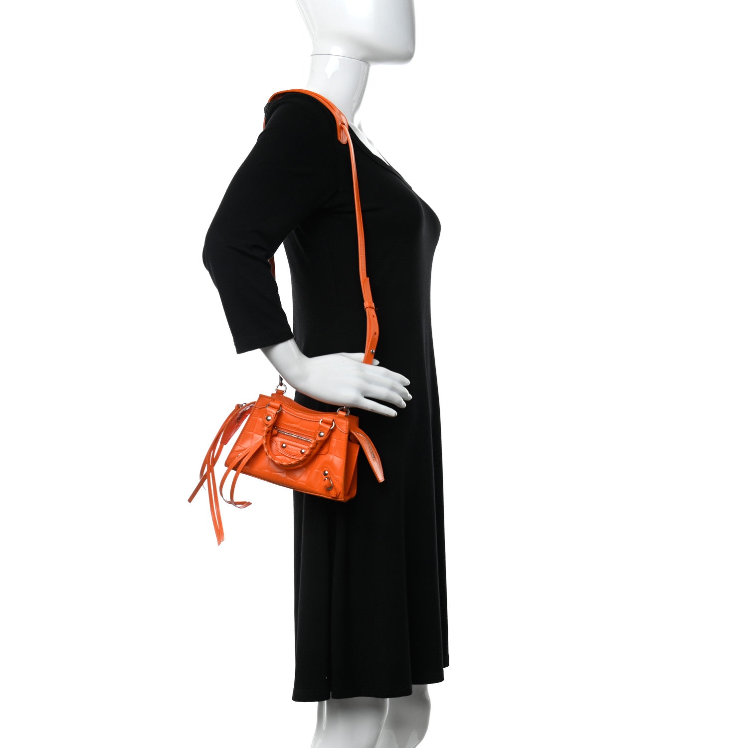 Balenciaga Semi Shiny Calfskin Crocodile Embossed Neo Classic Silver Hardware Nano City Crossbody Orange 2 of 12