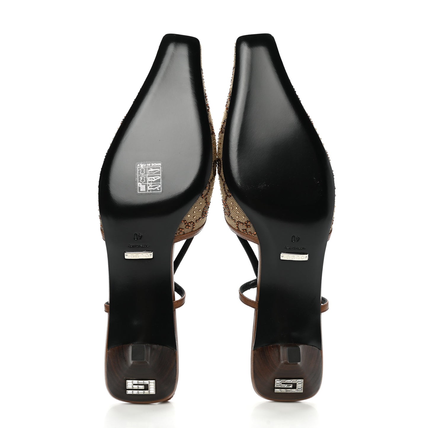 GG Monogram Malaga Kid Crystal Square G 35mm Slingback Pumps 40 Camel Ebony Cuir