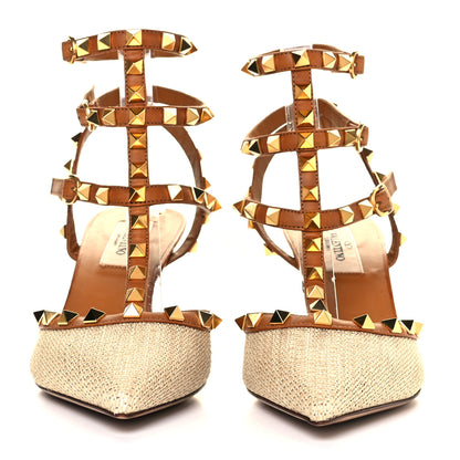 Valentino Garavani Raffia Calfskin Rockstud Ankle Strap 65mm Pumps 37.5 Natural Saddle Brown 2 of 6