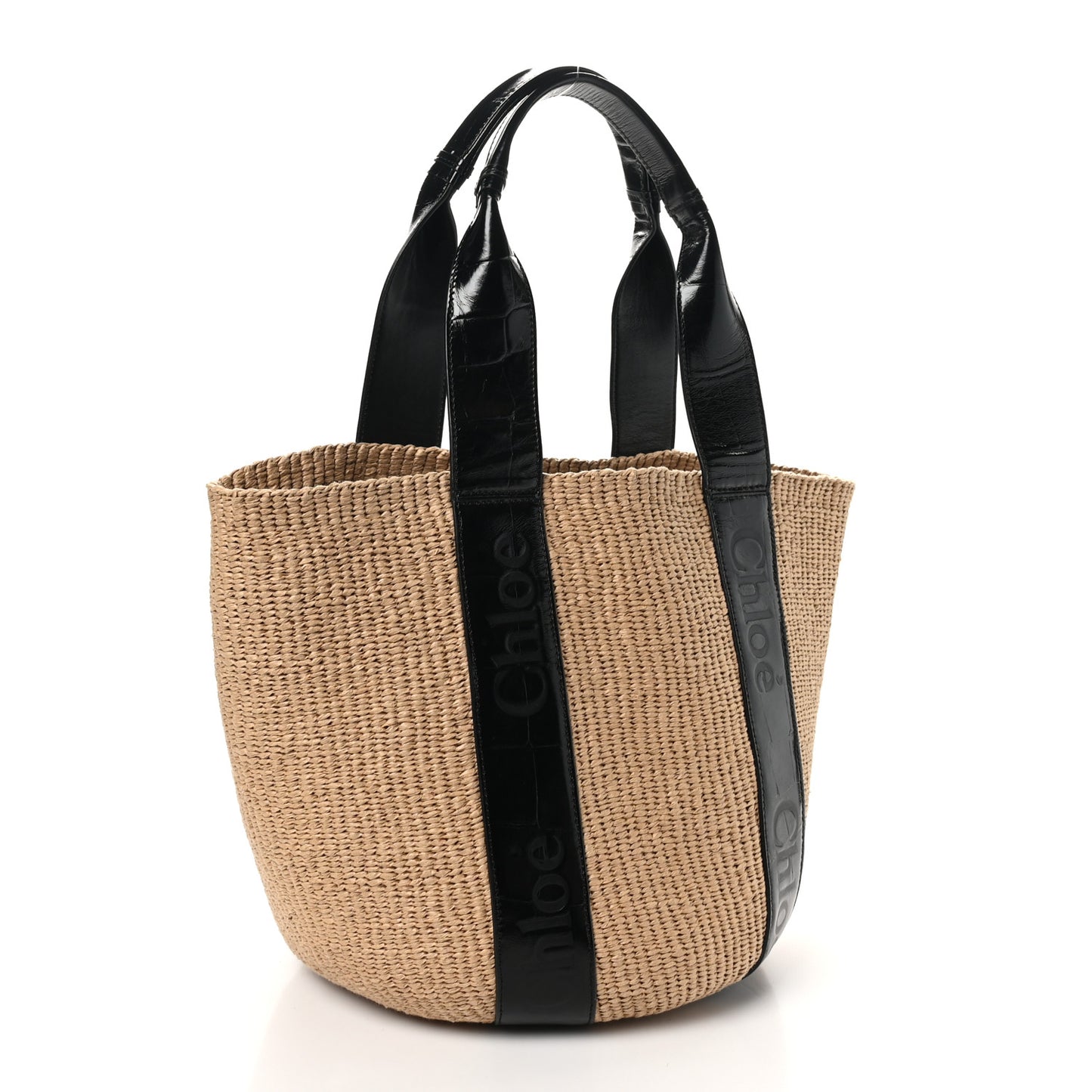 Raffia Calfskin Crocodile Embossed Large Woody Tote Black