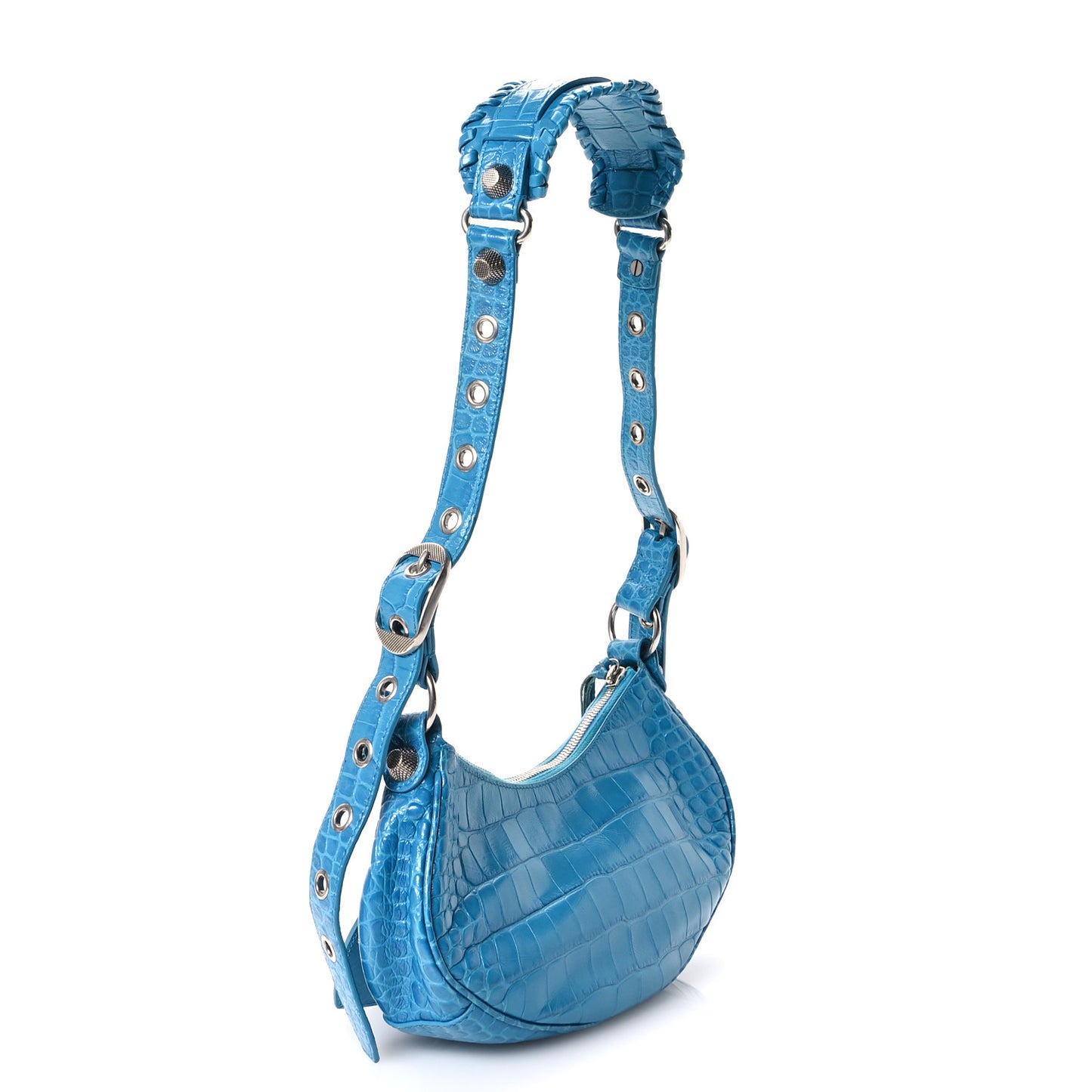 Extra Supple Calfskin Crocodile Embossed Le Cagole Shoulder Bag XS Turquoise