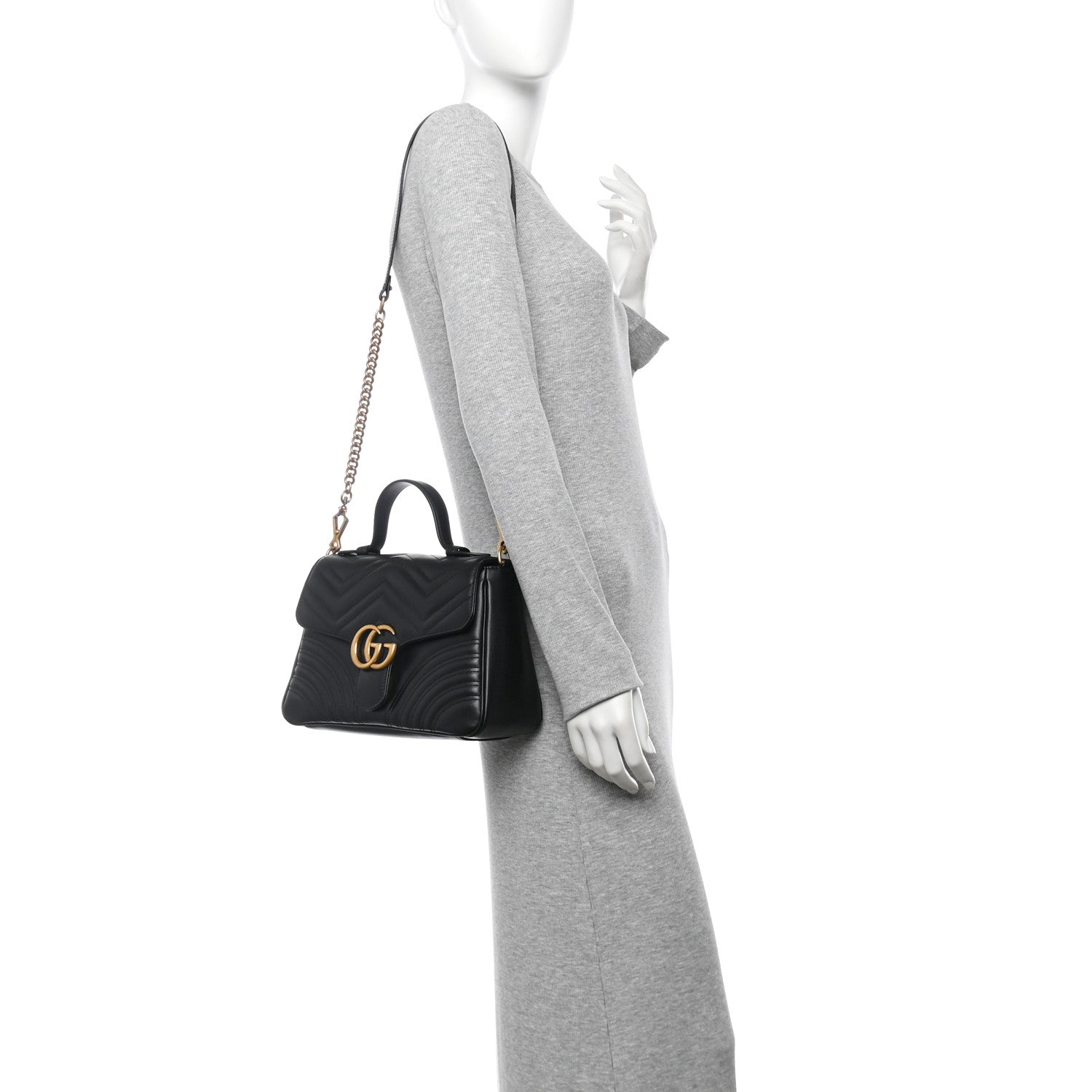 Gucci Calfskin Matelasse Small GG Marmont Top Handle Shoulder Bag Black 2 of 10