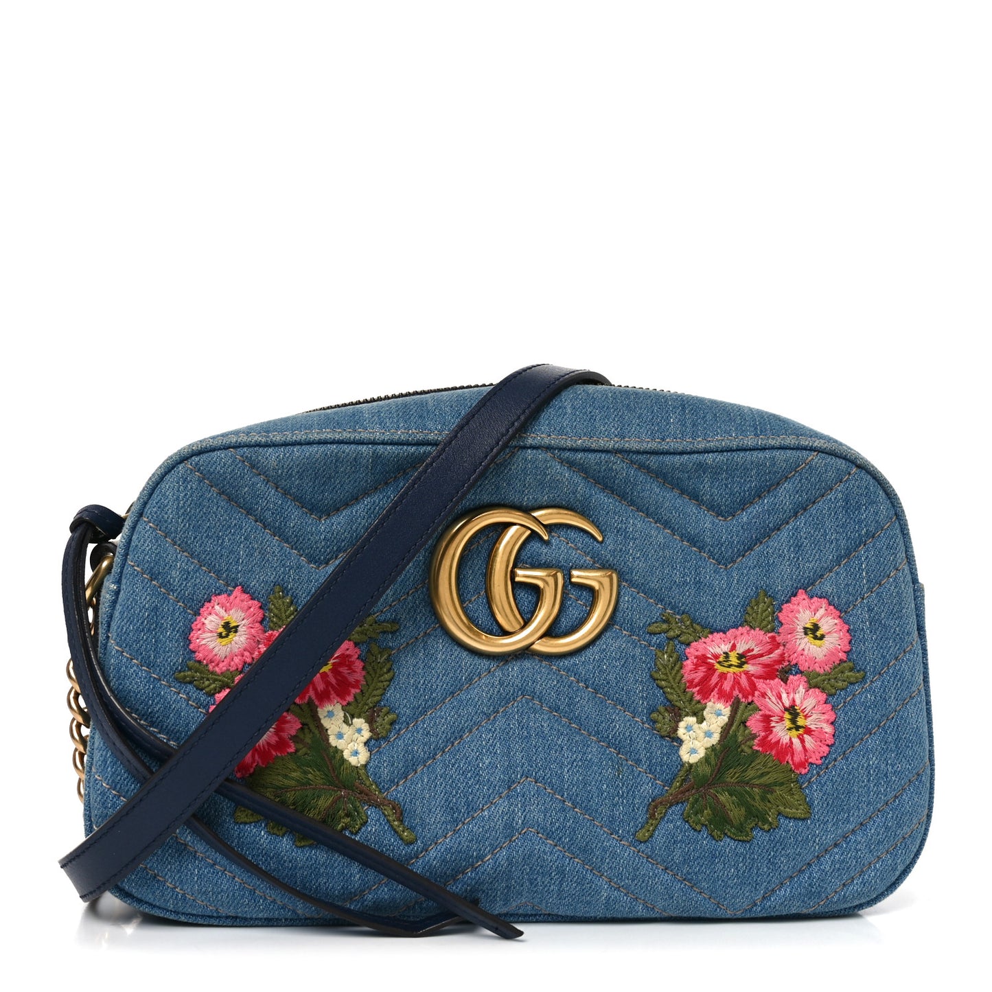 Denim Matelasse Embroidered Small GG Marmont Chain Shoulder Bag Blue
