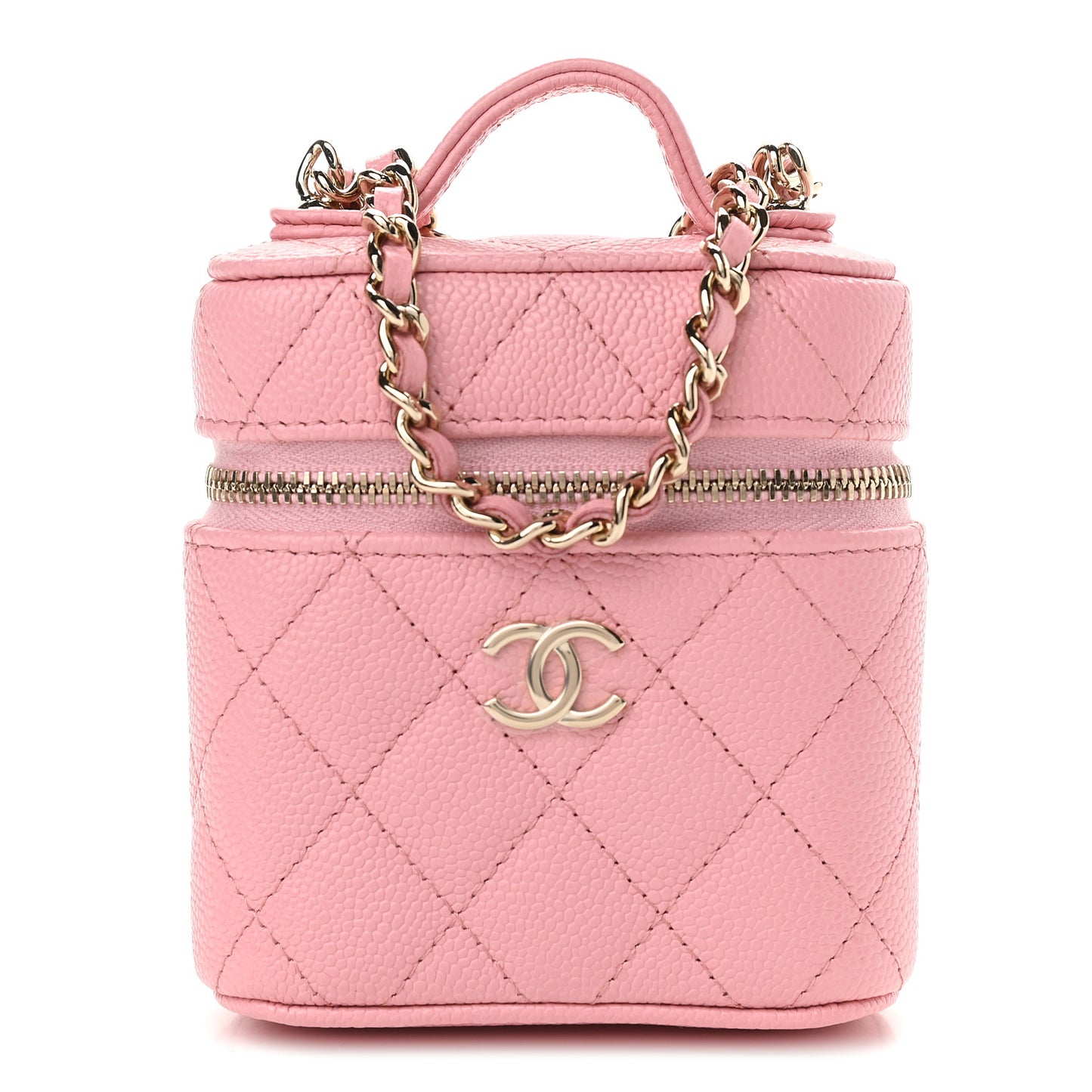 Caviar Quilted Small Handle With Care Vanity Case With Chain Pink