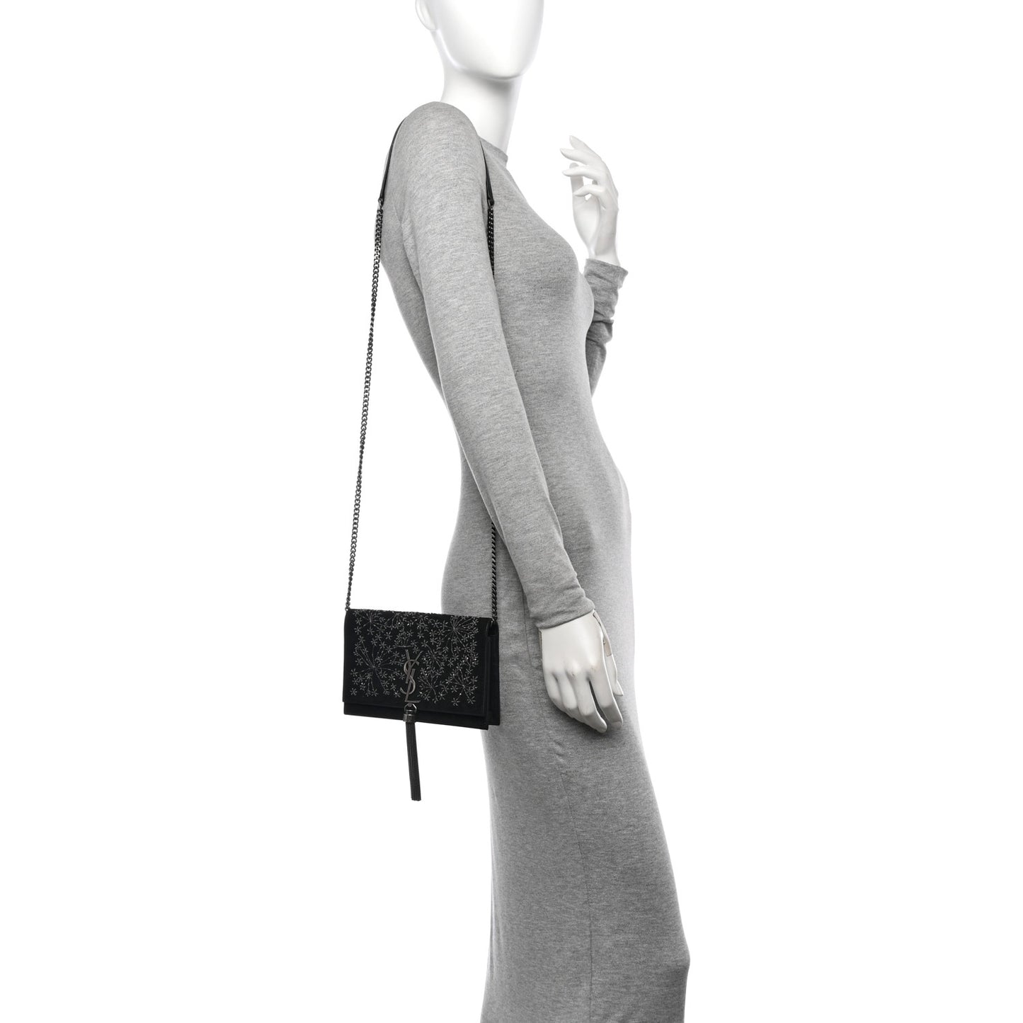 Suede Bead Embellished Classic Monogram Kate Tassel Chain Wallet Black