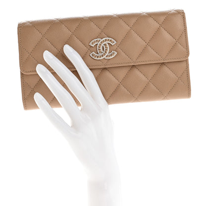 Chanel Caviar Quilted Crystal CC Large Gusset Flap Wallet Beige 2 of 9