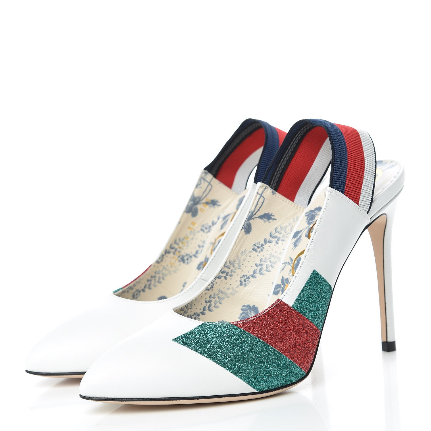 Gucci Calfskin Glitter Web High Heel Slingback Pumps 38 White 3 of 9