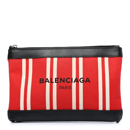 Balenciaga Calfskin Cotton Canvas Striped Logo Clutch Red 1 of 8