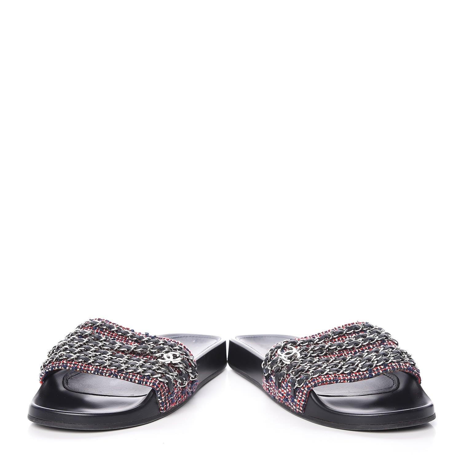 Chanel Tweed Lambskin Chain Flat Sandals 39 Black Multicolor 6 of 11