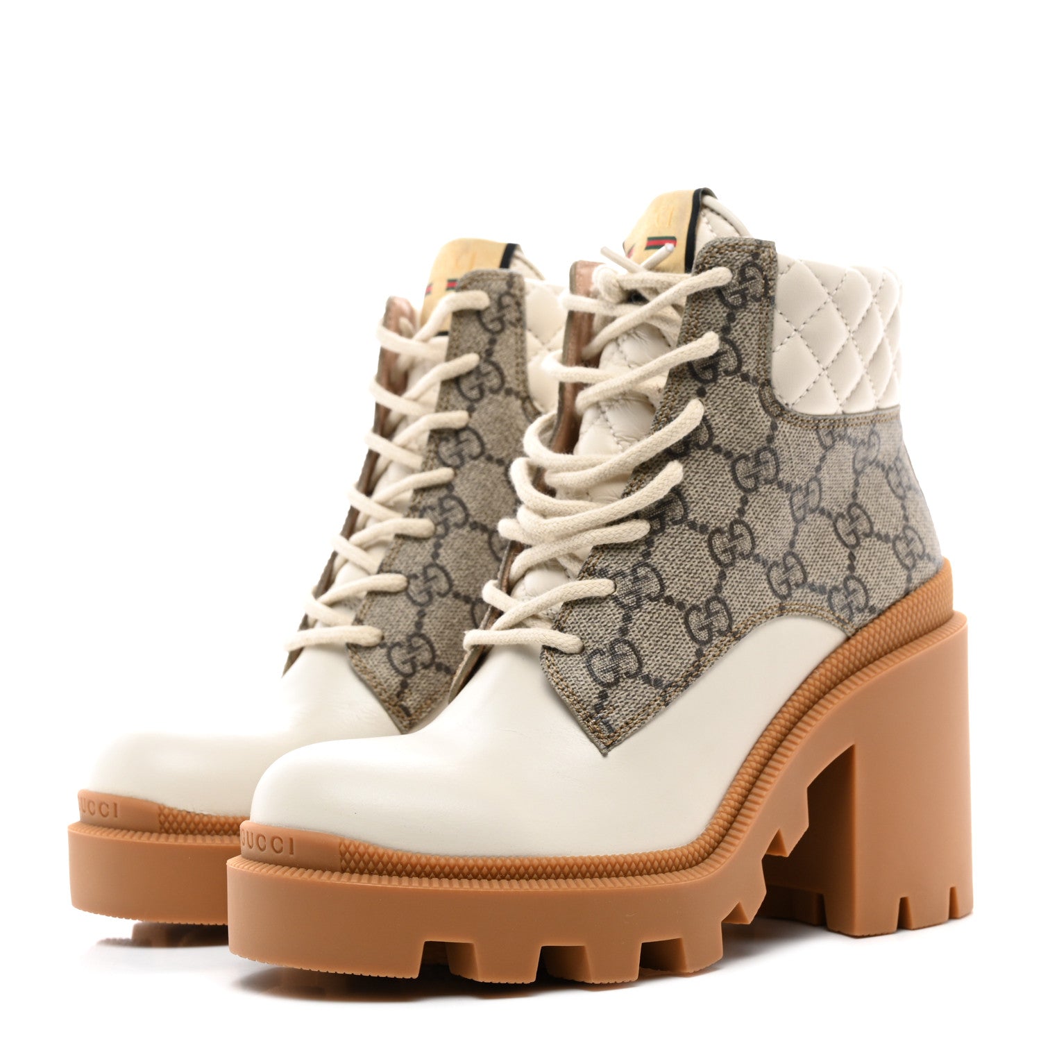 Gucci Calfskin GG Supreme Monogram Nappa Quilted Lace Up Ankle Boots 35.5 Mystic White Beige 3 of 9