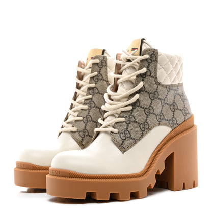 Gucci Calfskin GG Supreme Monogram Nappa Quilted Lace Up Ankle Boots 35.5 Mystic White Beige 3 of 9