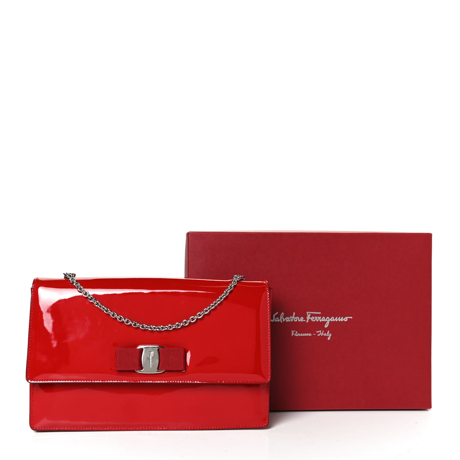 Salvatore Ferragamo Patent Ginny Vara Bow Shoulder Bag Red 13 of 13
