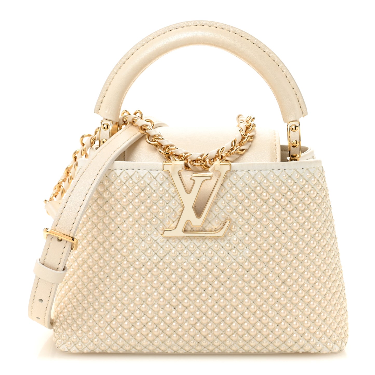Metallic Calfskin Satin Pearl Embellished Mini Treasure Capucines Cream