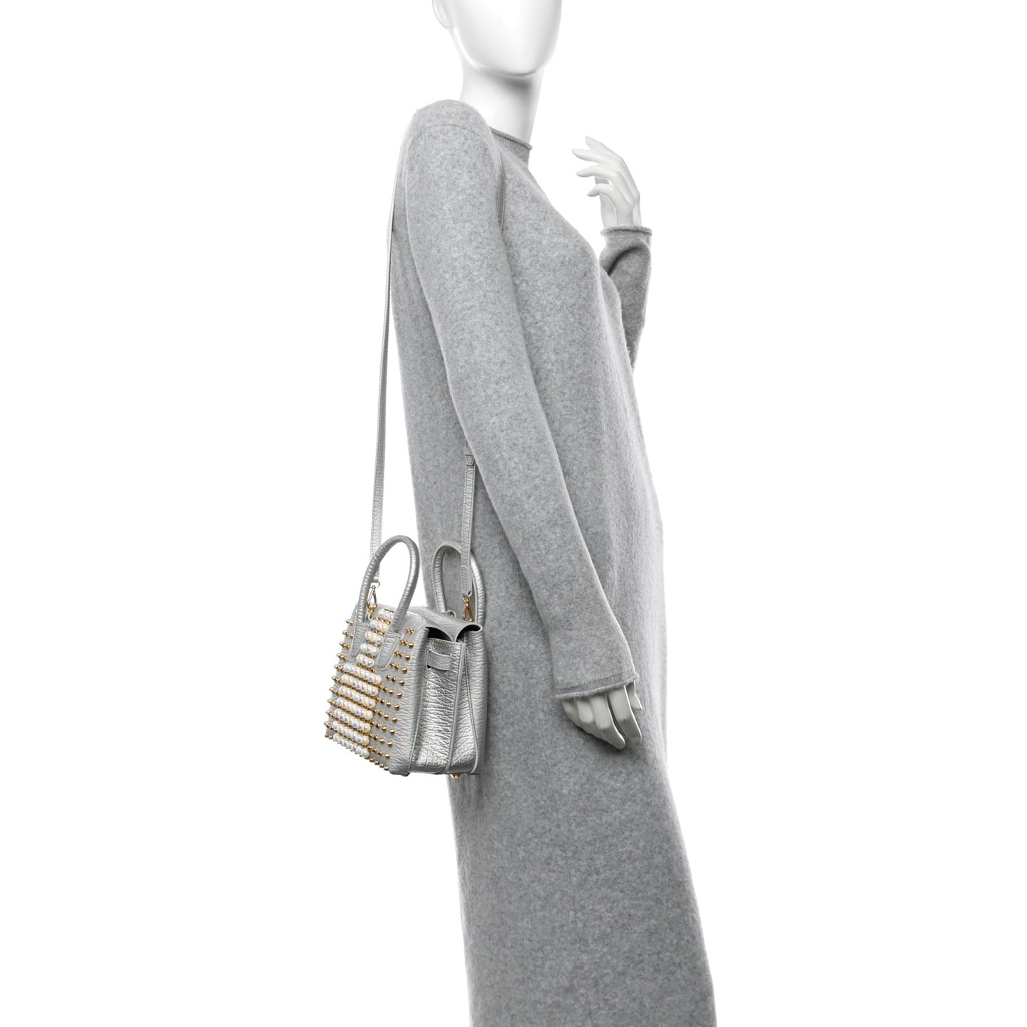 Calfskin Pearls Studded Mini Milla Tote White Flake
