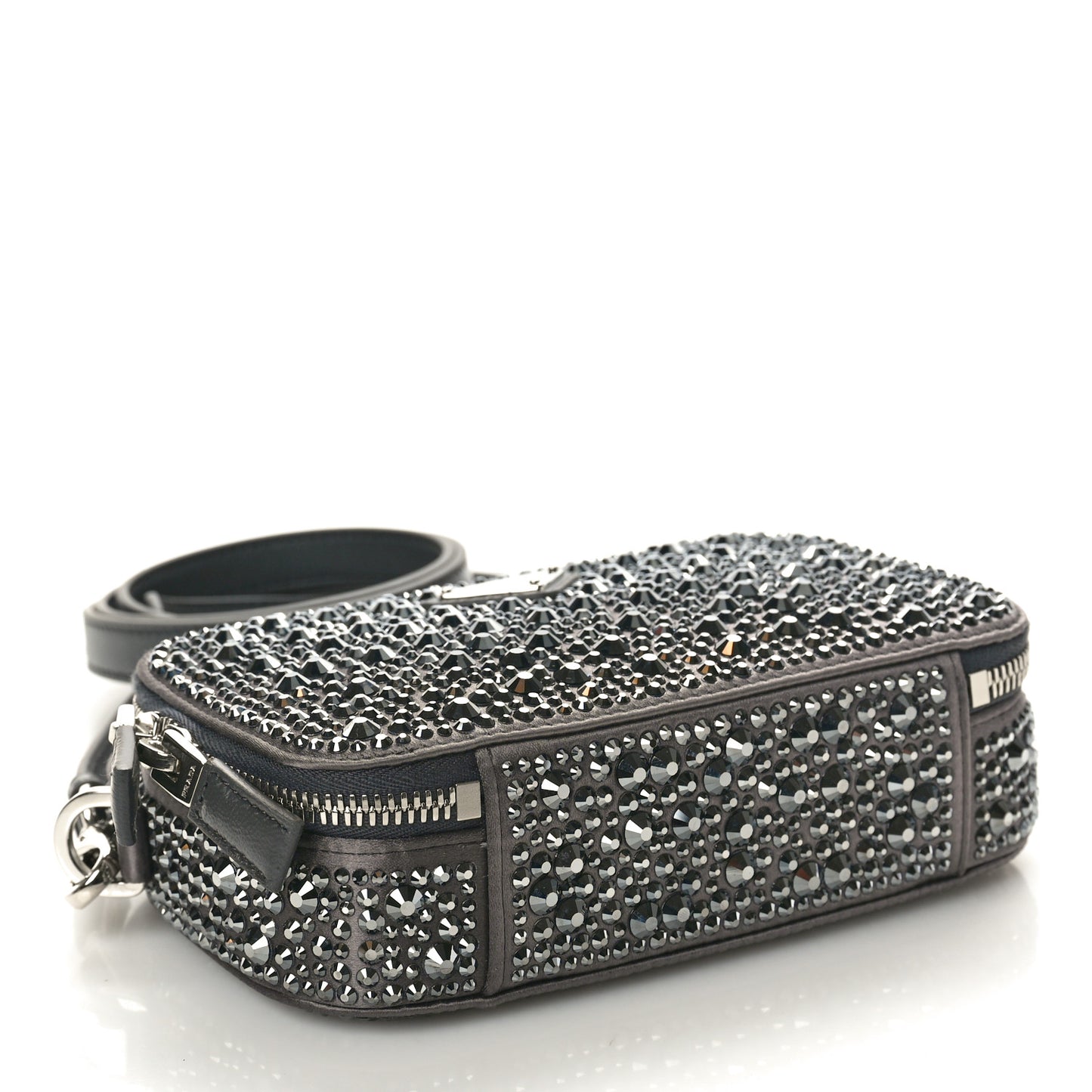 Satin Crystal Metal Triangle Logo Odette Crossbody Fumo