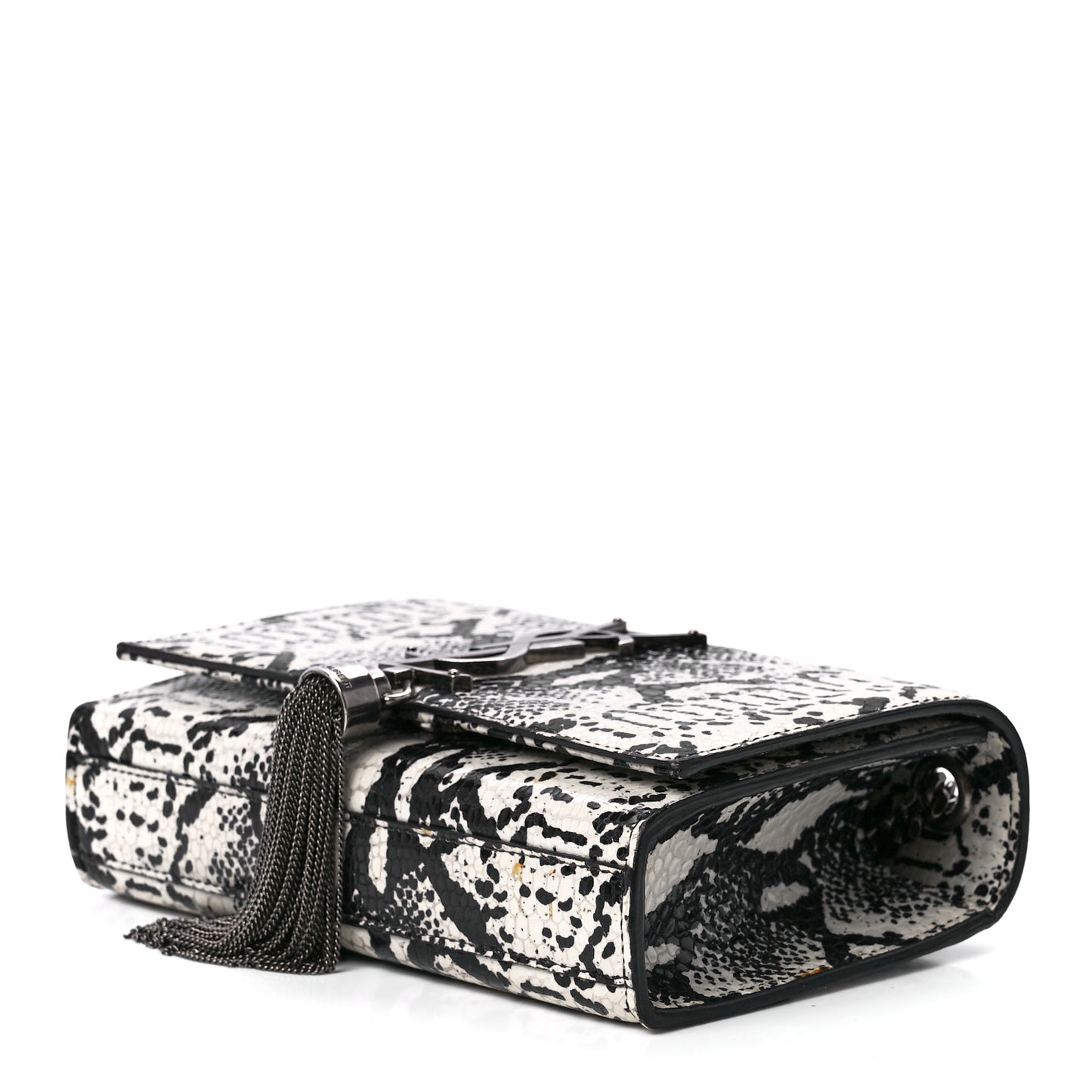 Calfskin Snakeskin Embossed Small Classic Monogram Kate Tassel Satchel White Black