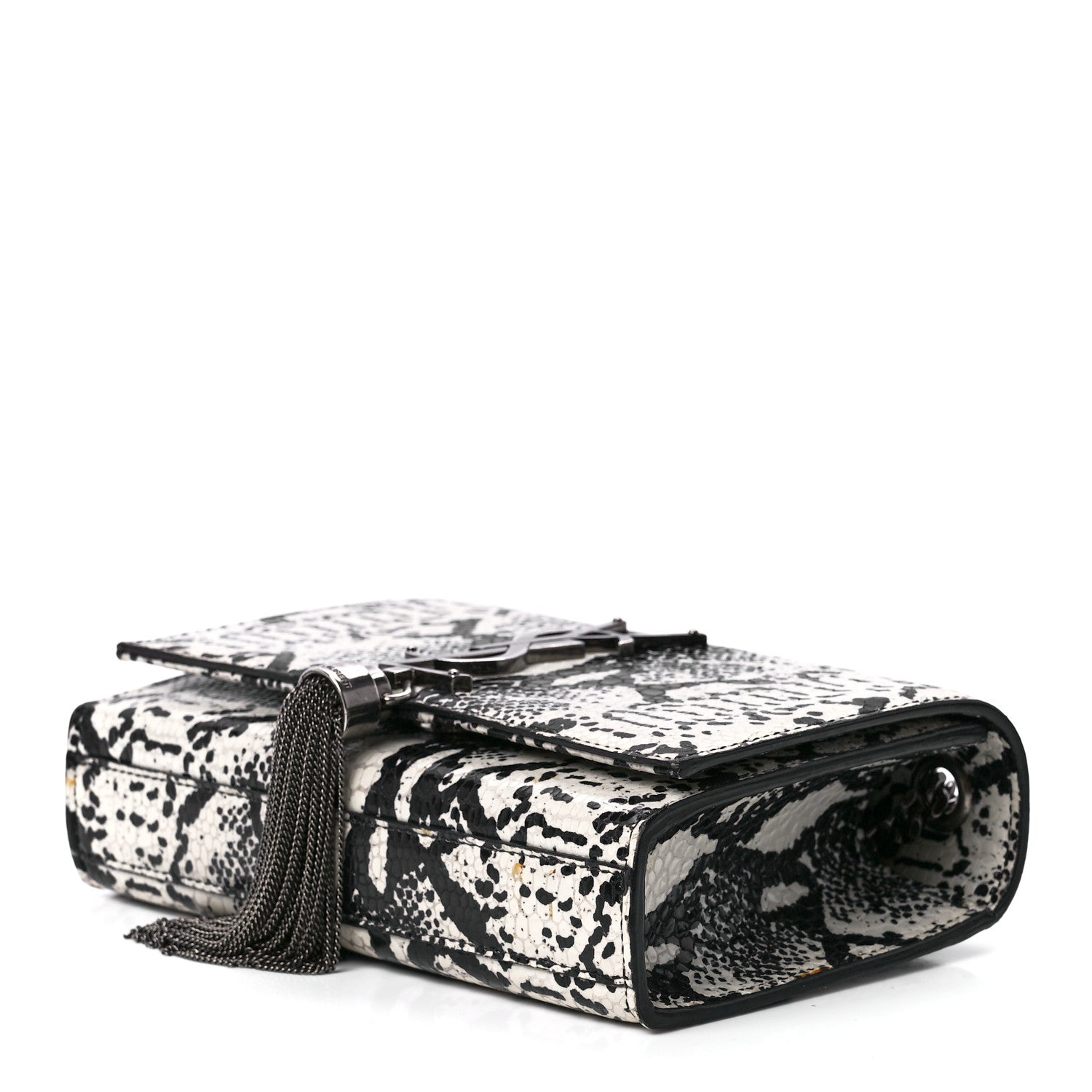 Saint Laurent Calfskin Snakeskin Embossed Small Classic Monogram Kate Tassel Satchel White Black 9 of 11