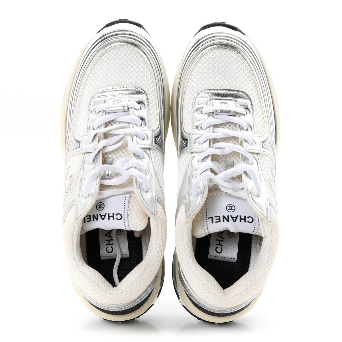 Fabric Laminated Calfskin Stretch CC Womens Sneakers 38 White Silver
