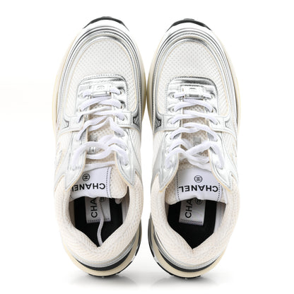 Chanel Fabric Laminated Calfskin Stretch CC Womens Sneakers 38 White Silver 7 of 10