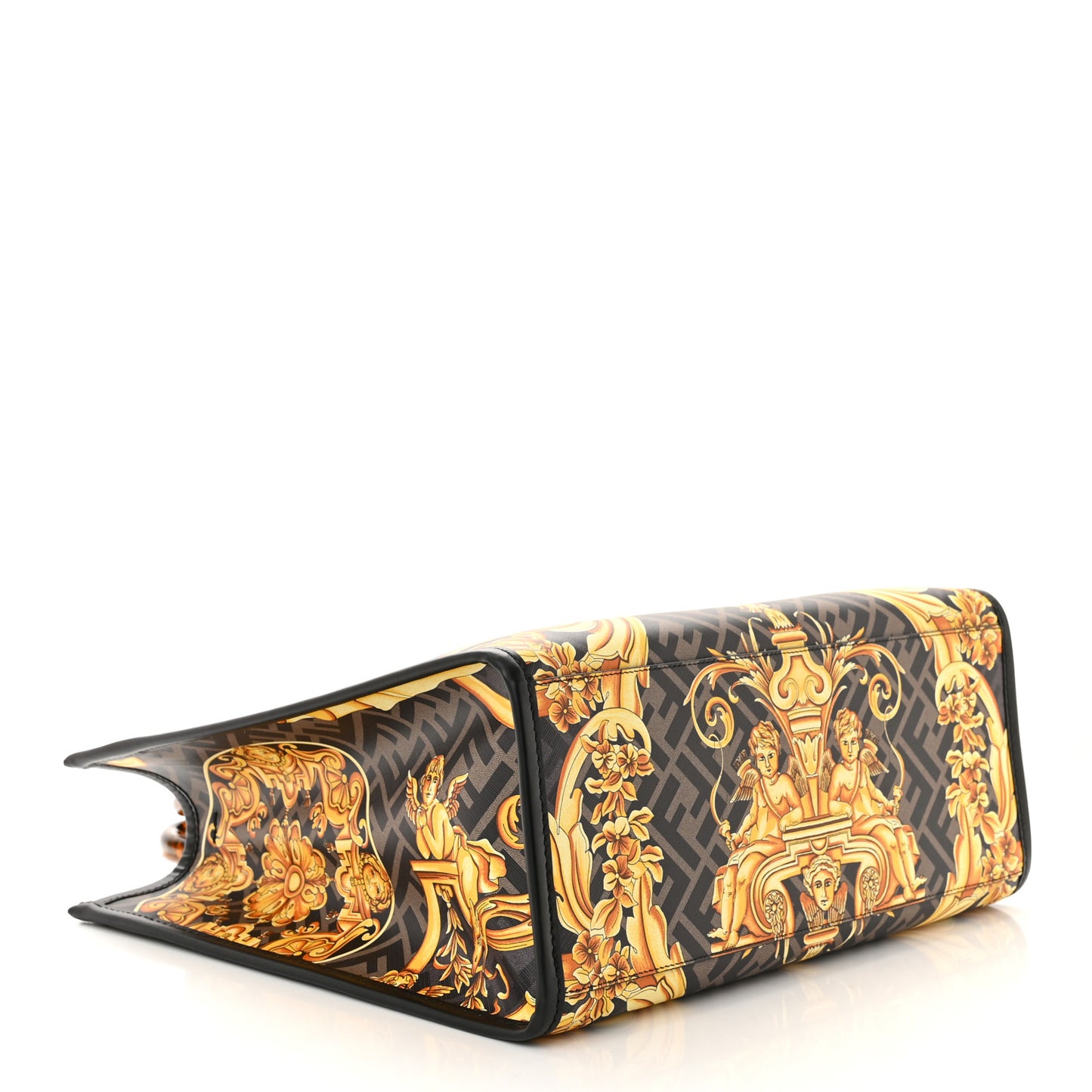 X VERSACE Calfskin Plexiglass Fendace FF Baroque Print Medium Fendi Sunshine Shopper Tote Black Gold