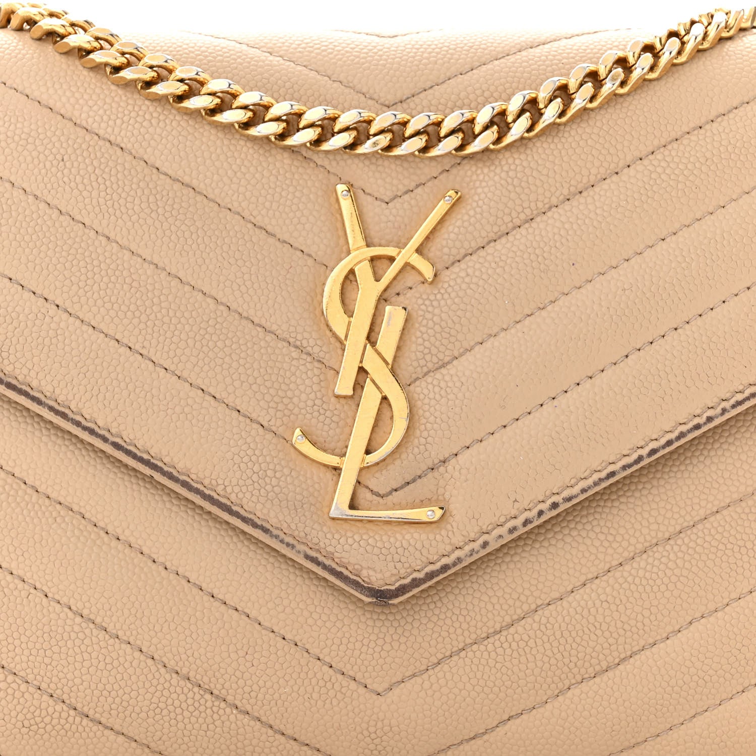 Saint Laurent Grain De Poudre Matelasse Chevron Monogram Chain Wallet Dark Beige 8 of 18