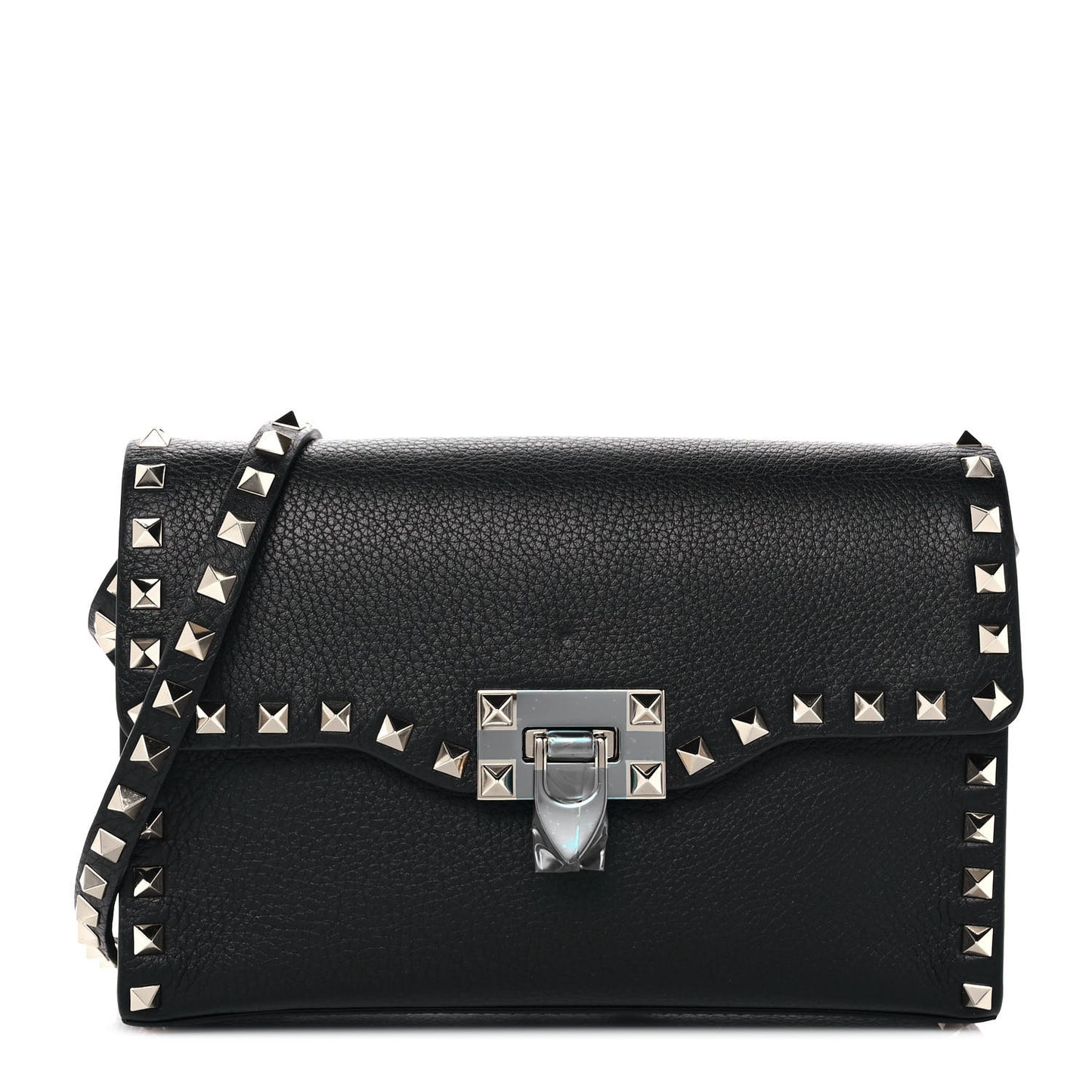 Pebbled Calfskin Medium Rockstud Flip Lock Crossbody Bag Black