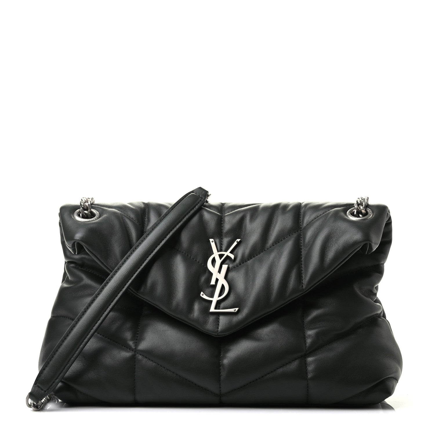 Saint Laurent Lambskin Quilted Small Loulou Puffer Monogram Chain Satchel Dark Green 1 of 10