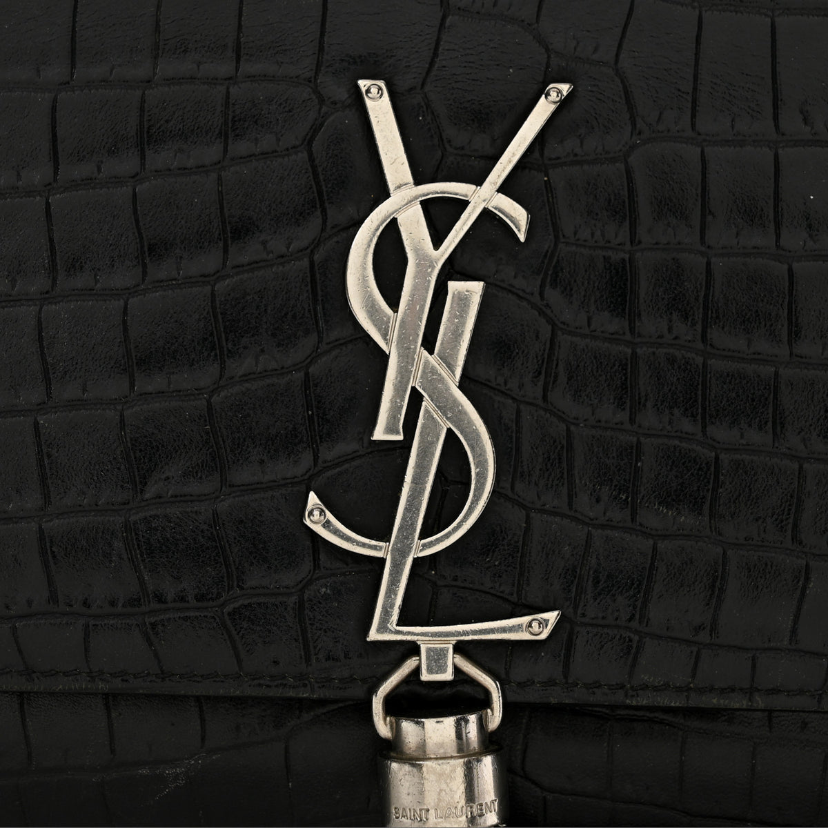 Saint Laurent Calfskin Crocodile Embossed Medium Classic Monogram Kate Tassel Satchel Black 12 of 13
