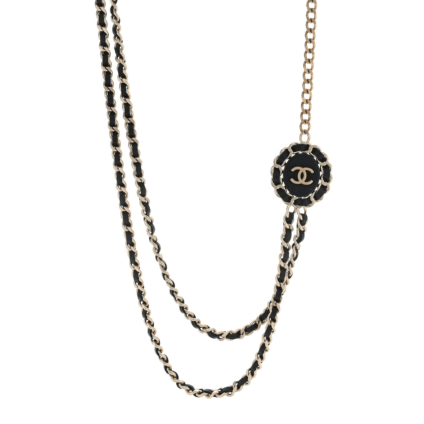 Lambskin CC Long Chain Necklace Black Gold
