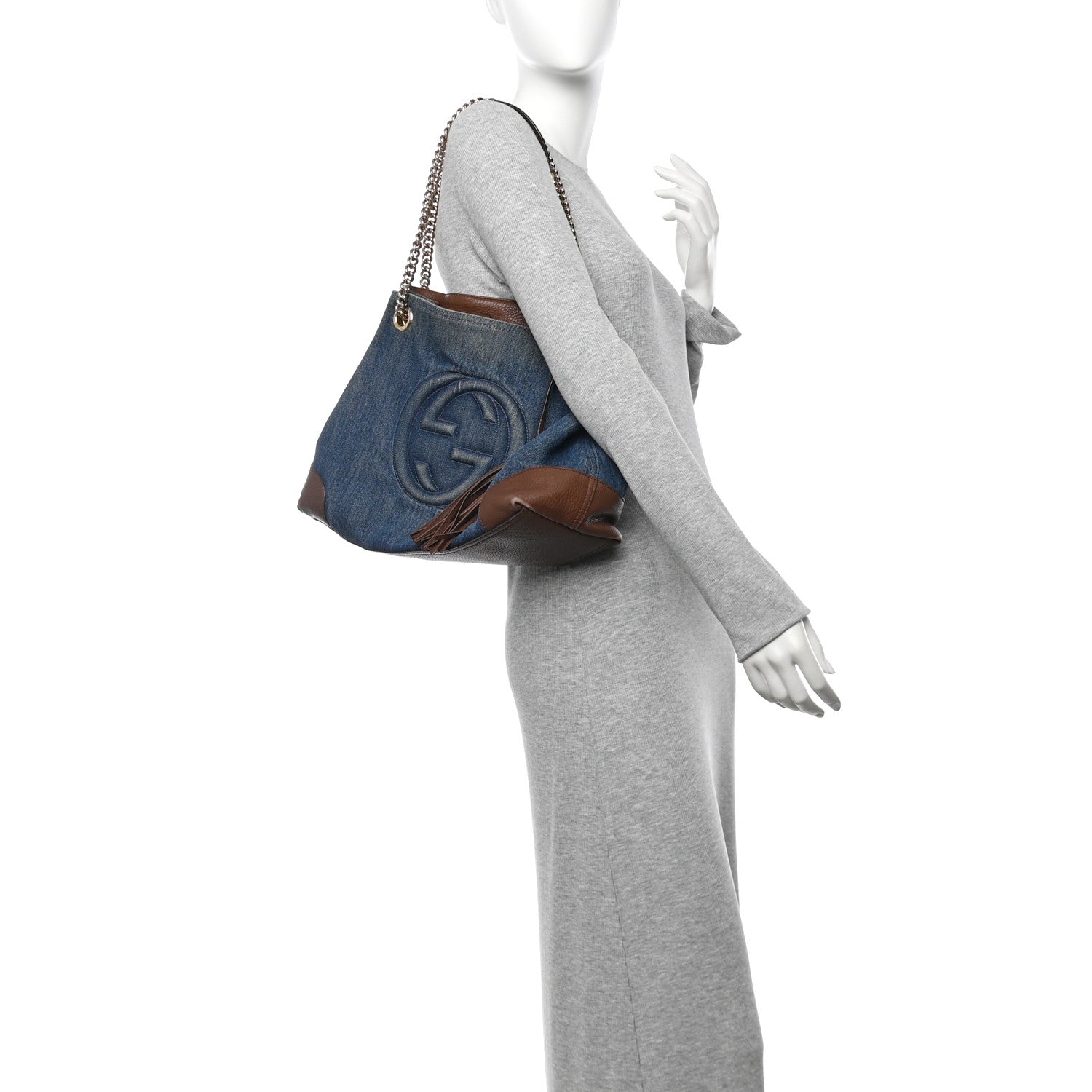 Gucci Denim Pebbled Calfskin Medium Soho Chain Shoulder Bag Blue Brown 2 of 9