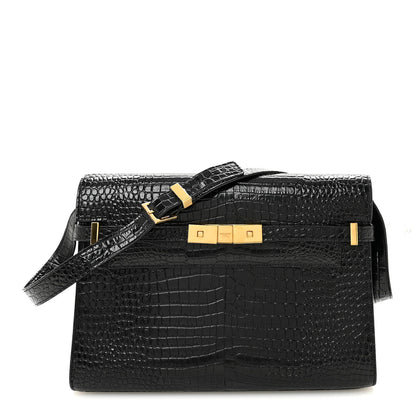 Saint Laurent Shiny Calfskin Crocodile Embossed Manhattan Baguette Black 1 of 9