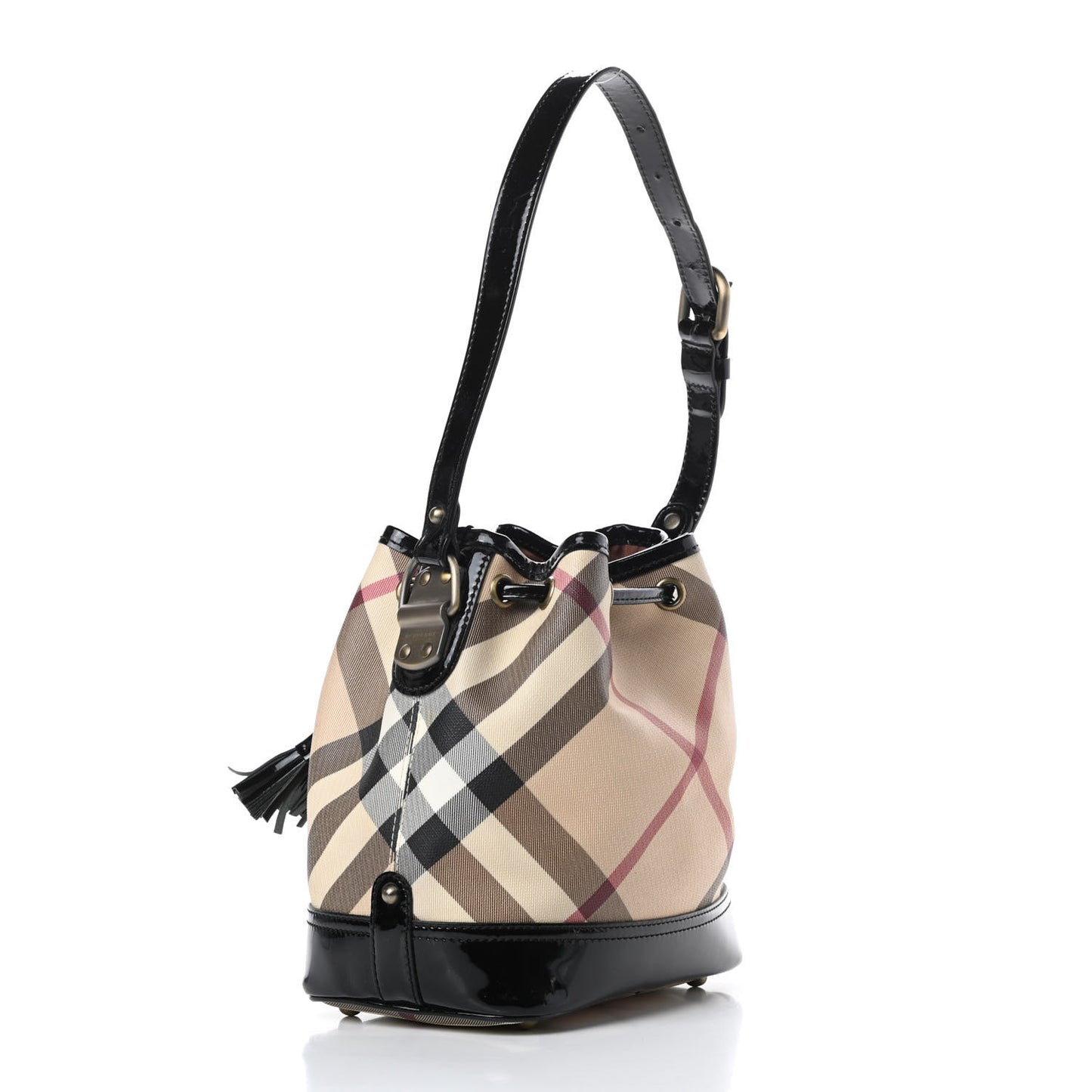 Patent Trim Nova Check Drawstring Bucket Bag Black
