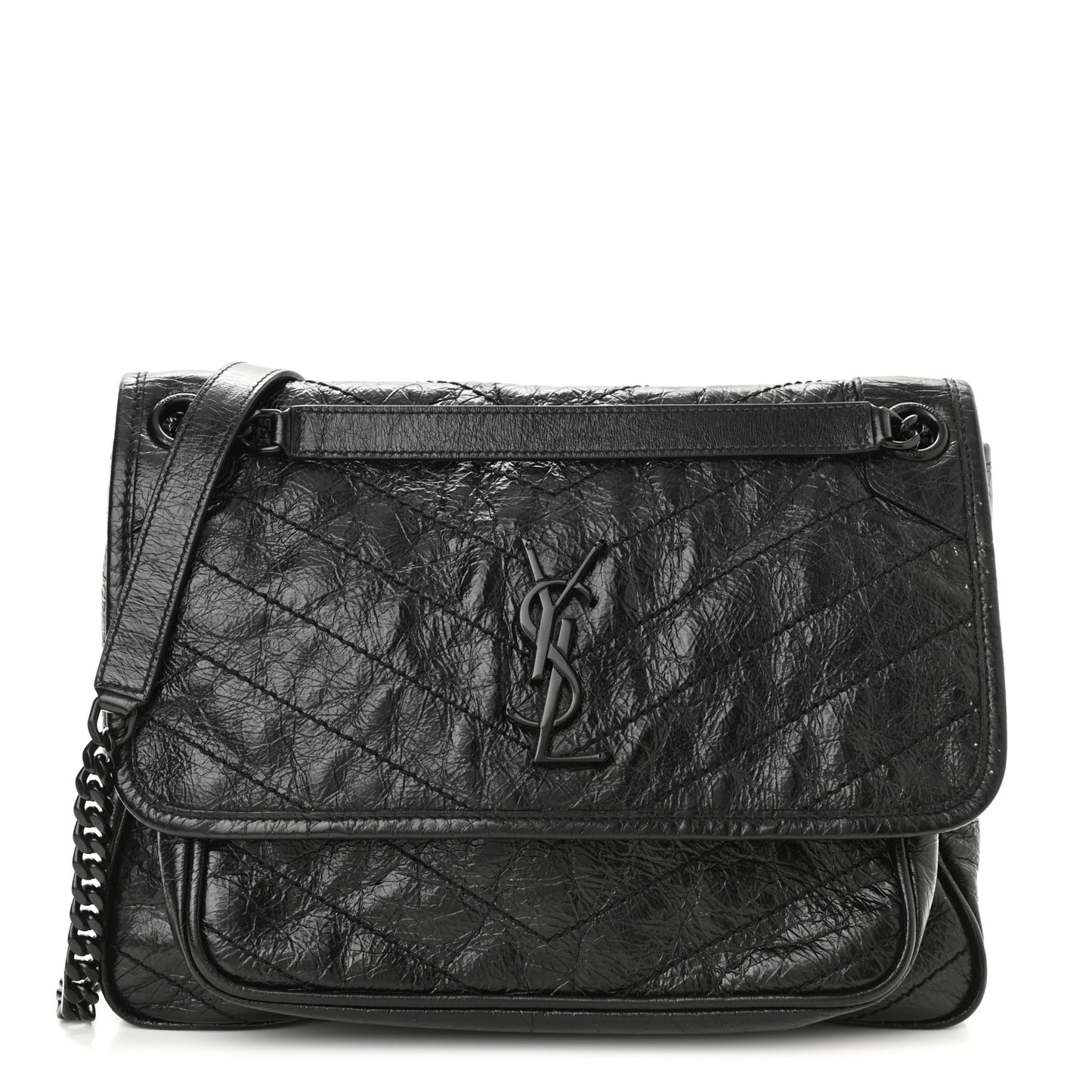 Crinkled Calfskin Matelasse Monogram Medium Niki Chain Satchel Black