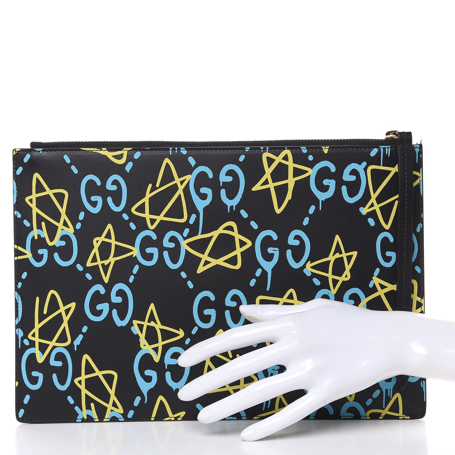 Gucci Calfskin GucciGhost Print Pouch Black New Acquamarine 2 of 9