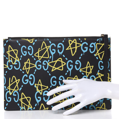 Gucci Calfskin GucciGhost Print Pouch Black New Acquamarine 2 of 9