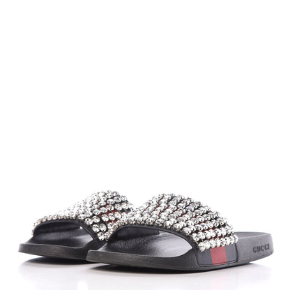 Gucci Calfskin Crystal Embellished Web Slide Sandals 39 Blue Red 3 of 15