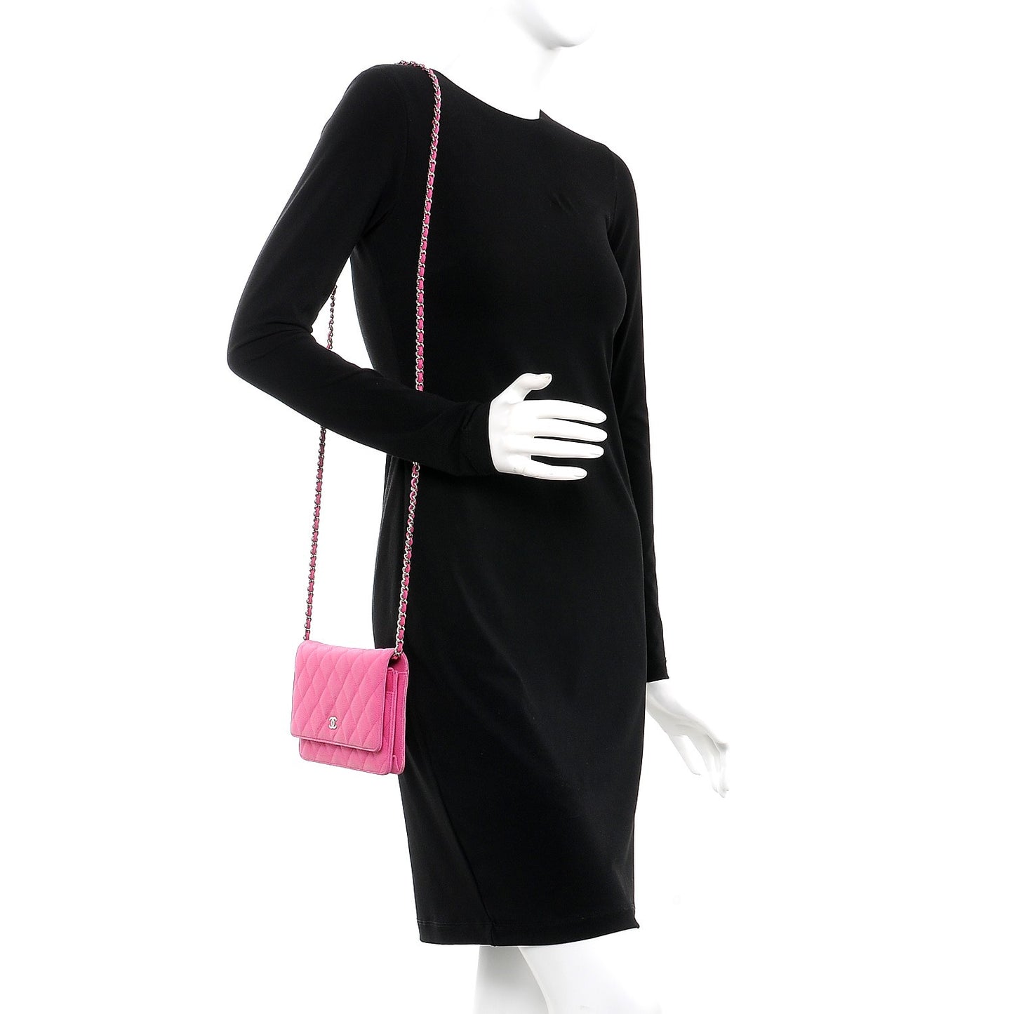 Iridescent Caviar Quilted Wallet on Chain WOC Pink
