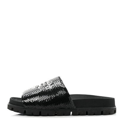 Prada Paillettes Sequin Logo Slide Sandals 36 Black 1 of 12